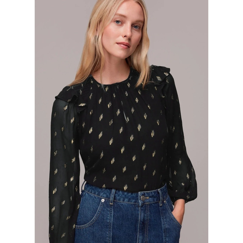 Whistles Black Metallic Dobby Blouse Womens US 14 Ruffle Long Sleeve Smocked